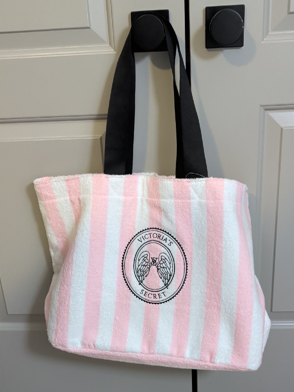 Victoria's Secret Pink & White Striped Terry Cloth Tote with Black Handles